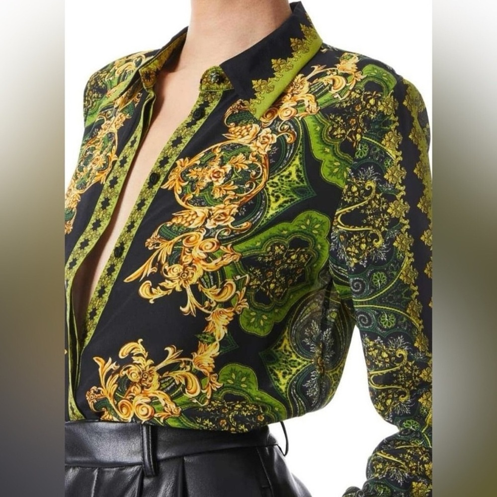 Alice + Olivia Black and Green Baroque Blouse